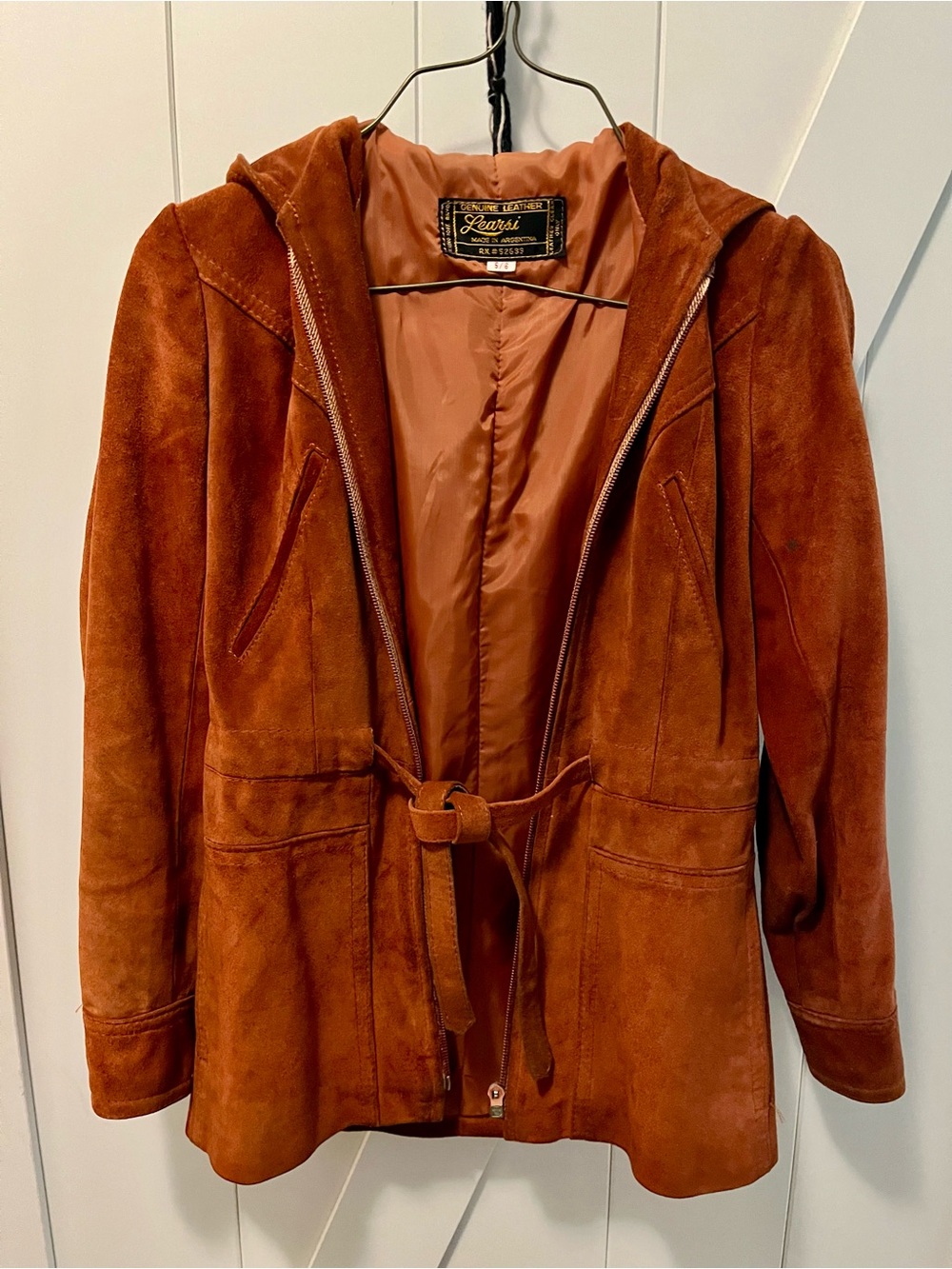Vintage-Inspired Rust Suede Hooded Belted Jacket